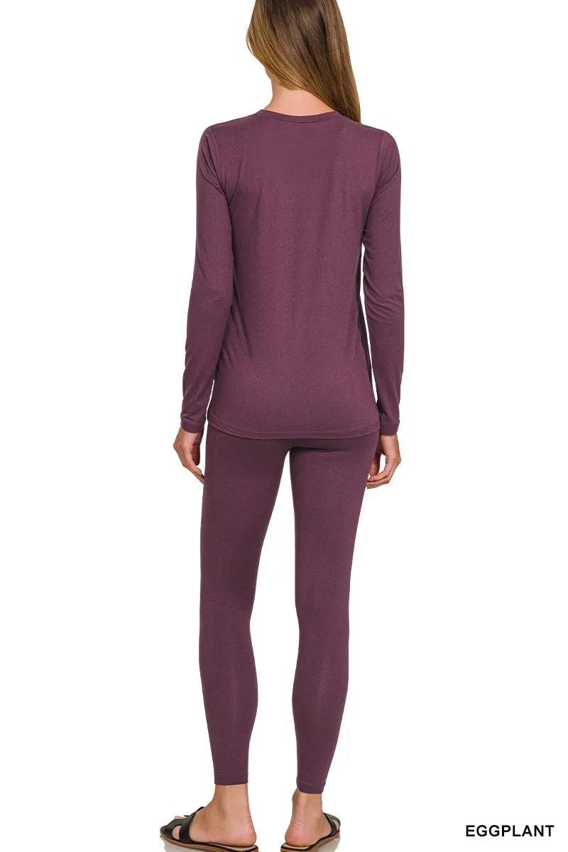 Eggplant Zenana Microfiber Round Neck Top And Leggings Set