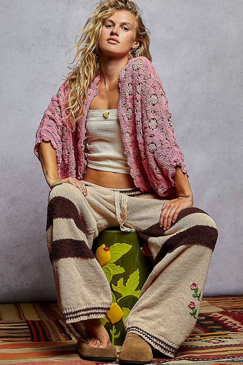 Pol Openwork V Neck Chenille Cardigan With Contrast Floral 1