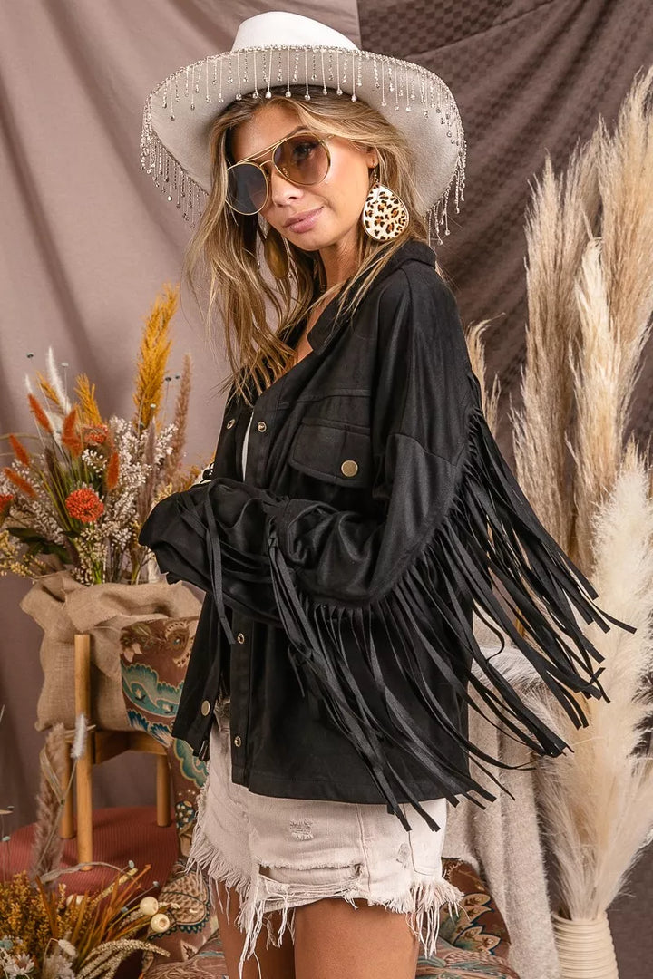 Black Bibi Suede Fringe Long Sleeve Jacket