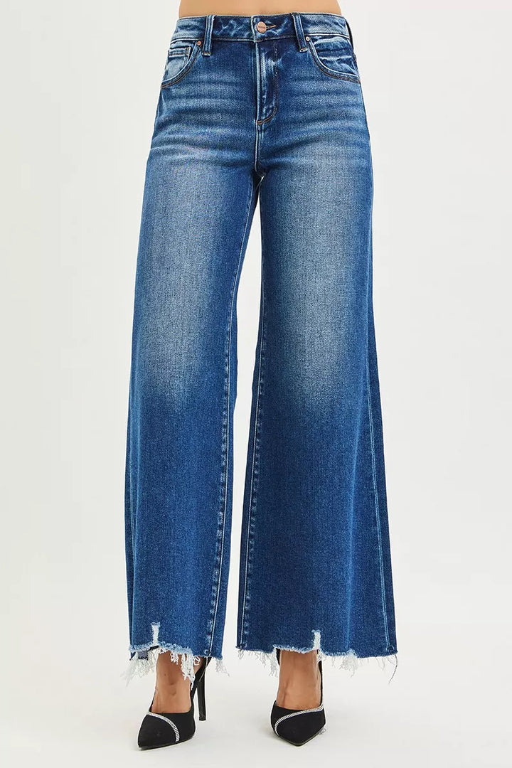 Dark Risen High Rise Wide Leg Jeans With Distressed Hem