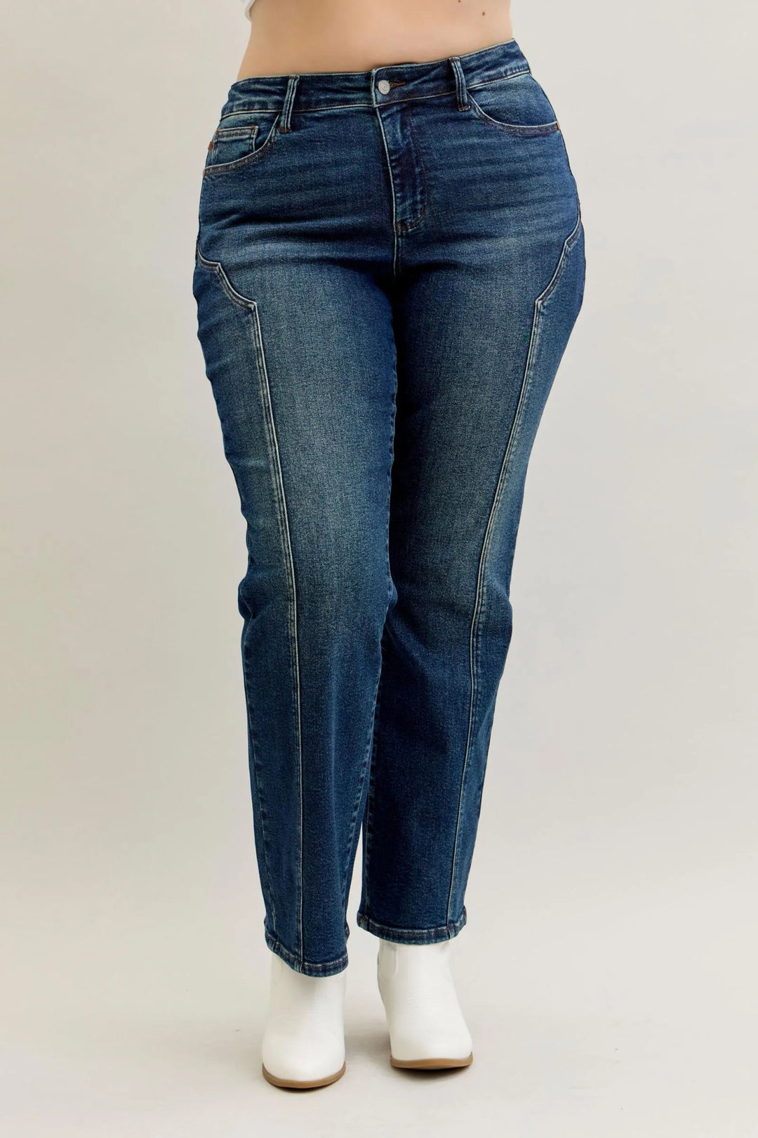 Dark Judy Blue Full Size Seam Detail Straight Leg Jeans Plus Size