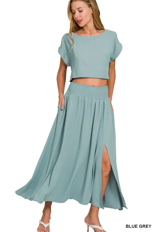 Zenana Heavy Woven Span Crop Tee Skirt Set 6
