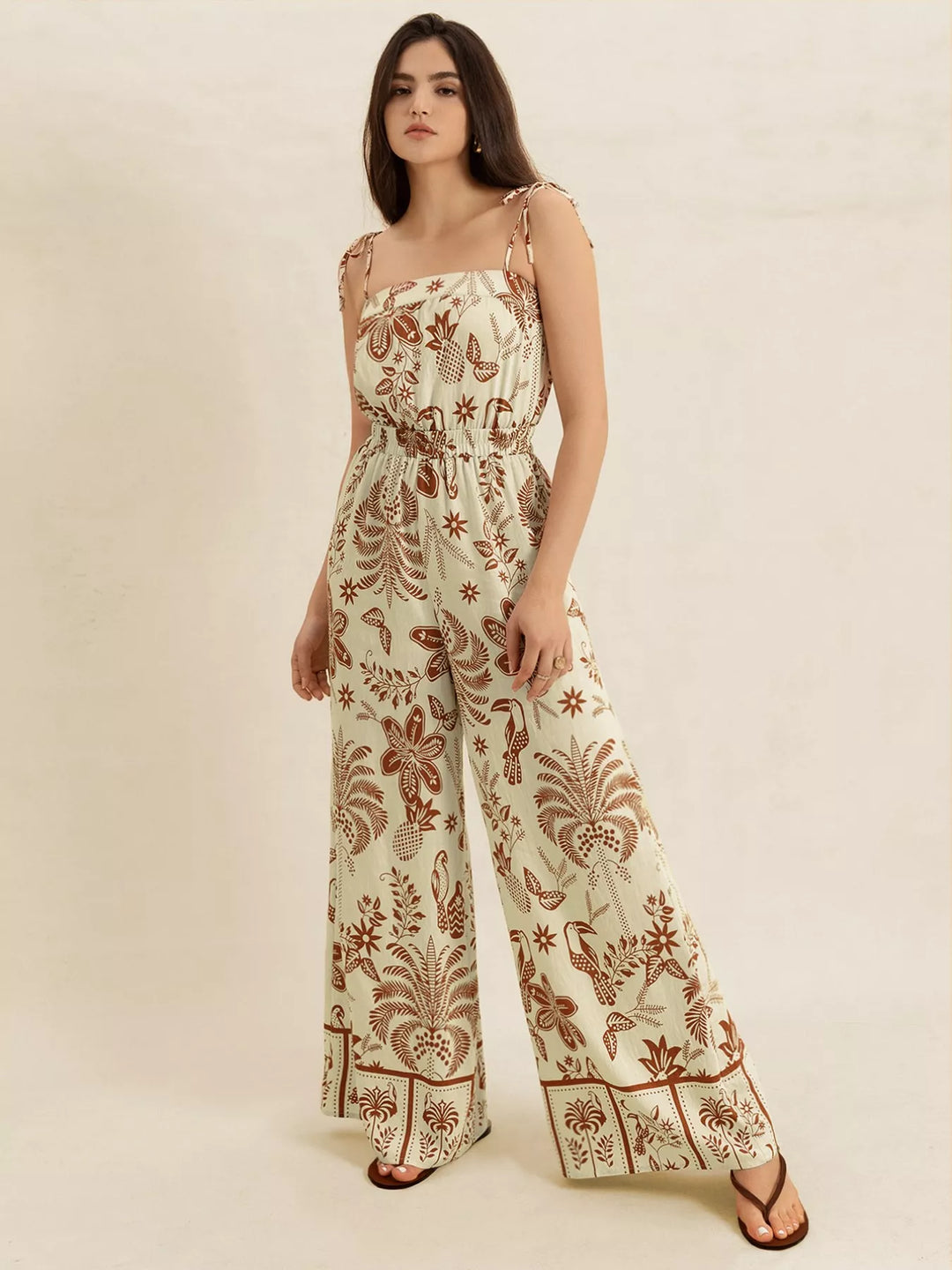Tan Tie Strap Wide Leg Jumpsuit