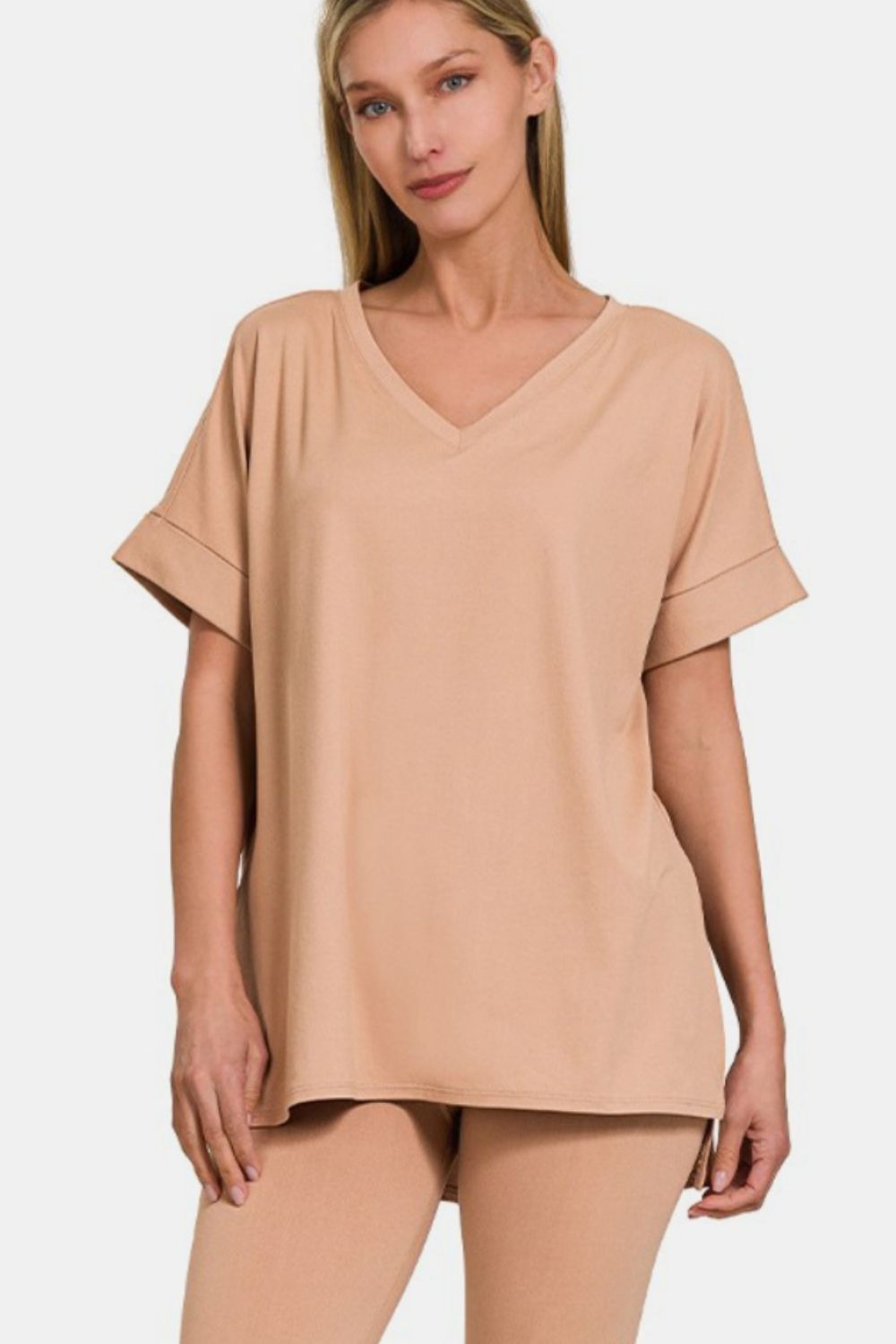 Brush Zenana Full Size V Neck Rolled Short Sleeve T Shirt And Leggings Lounge Set
