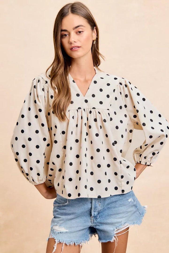 Ivory/Black Bibi Polka Dot Corduroy Quarter Sleeves V Neck Blouse