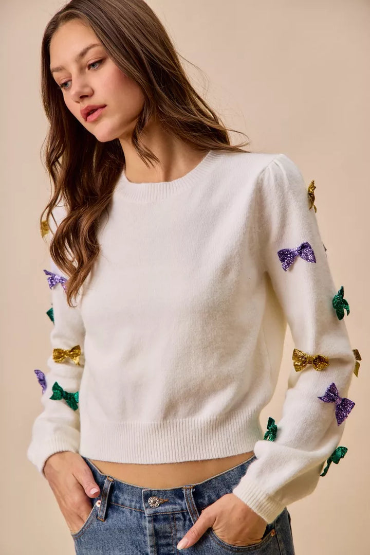So Me Mardi Gras Glitter Bow Ribbon Sweater Knit Top
