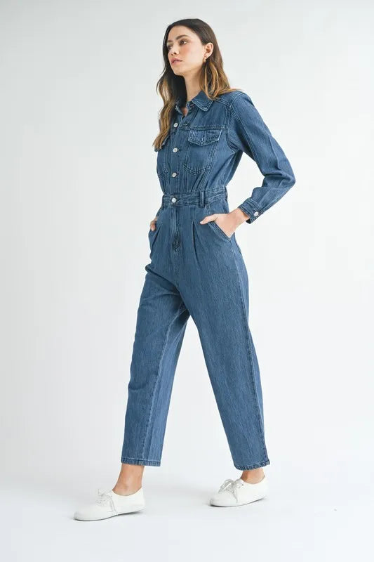 Mable Cinched Waist Straight Leg Denim Jumpsuit