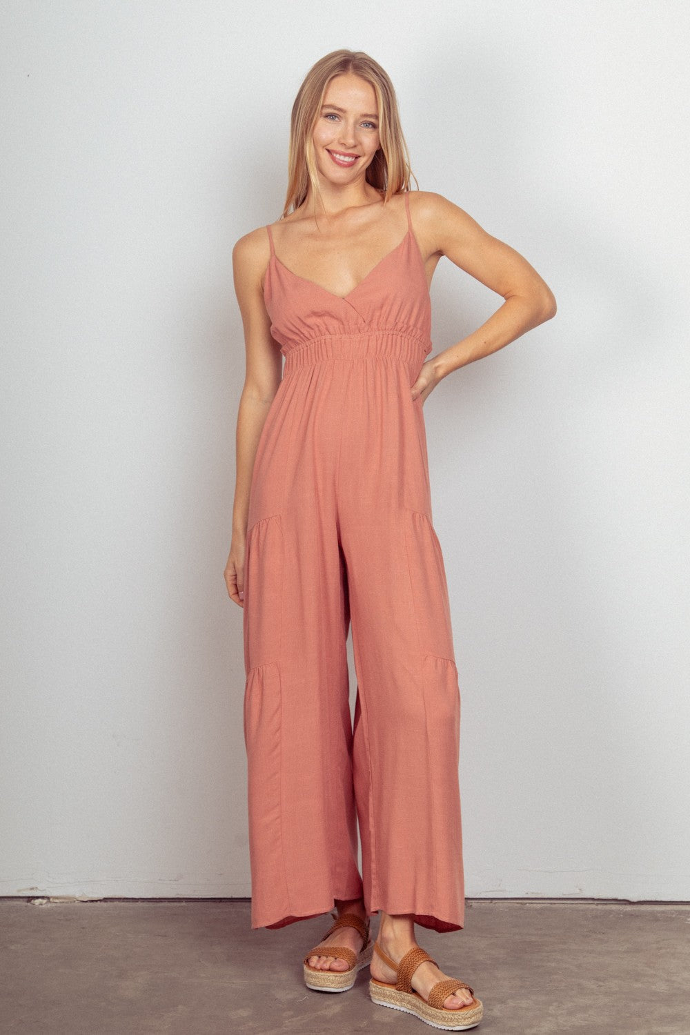 Blush Very J Sleeveless Ruched Wide Leg Jumpsuit 1