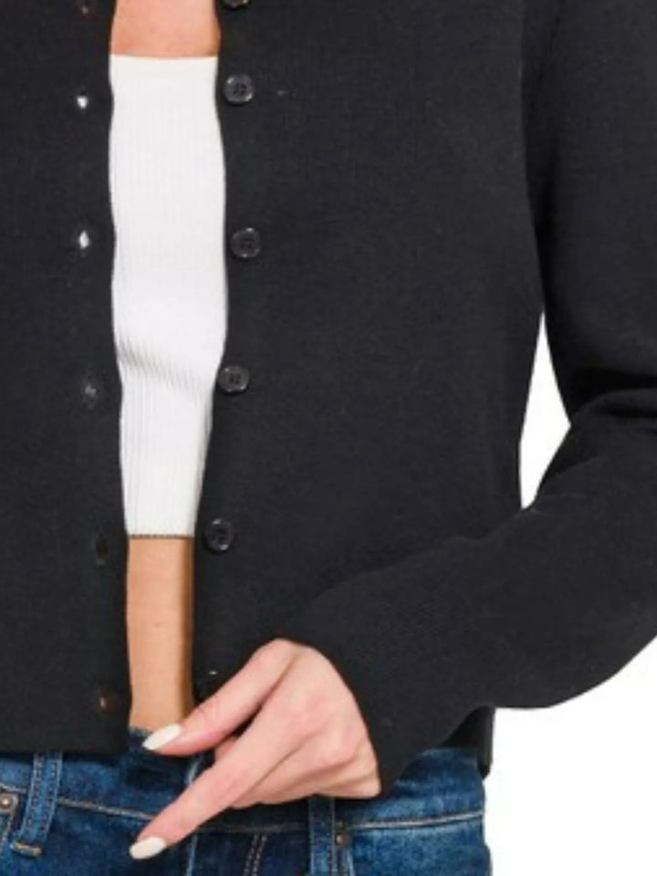 Black Zenana Button Front Crewneck Long Sleeve Cropped Cardigan 1