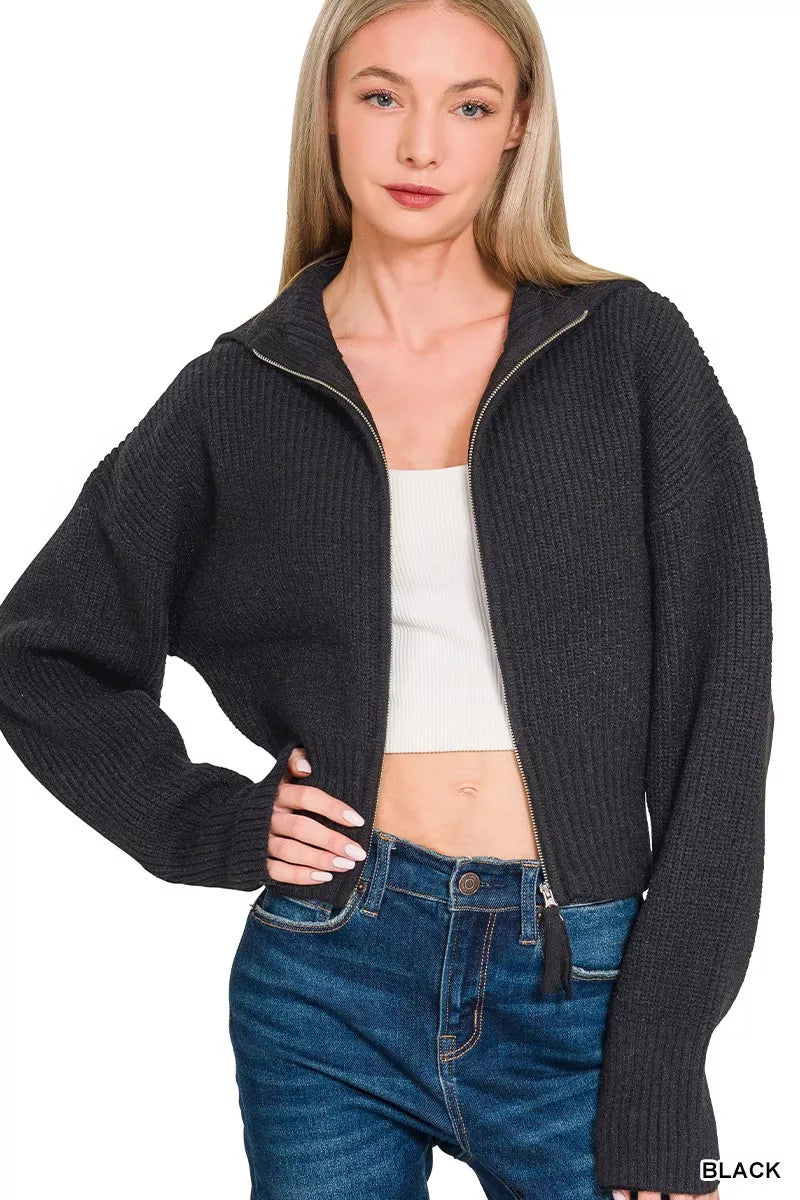 Black Zenana Ribbed Collared Zip Up Sweater Cardigan 3
