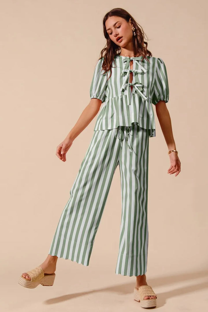Sage So Me Front Tie Stripe Puff Sleeves Top And Wide Leg Pants Set