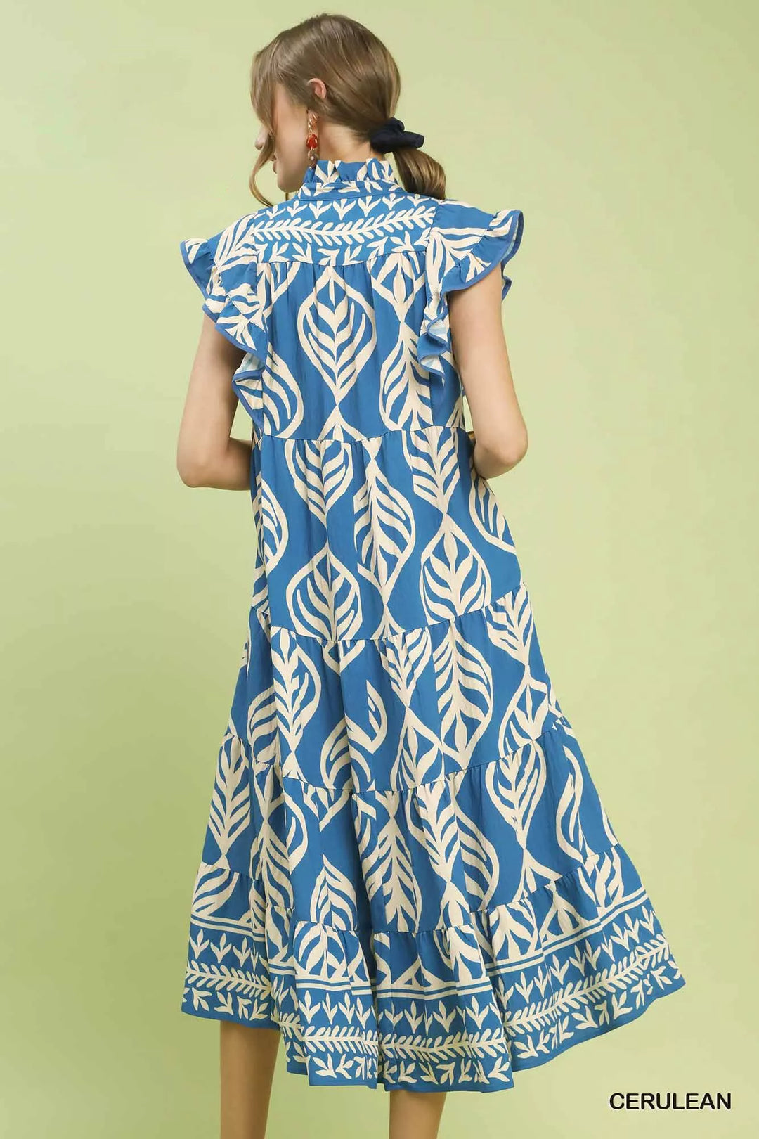 Cerulean Umgee Leaf Print Tiered Midi Dress With Pockets