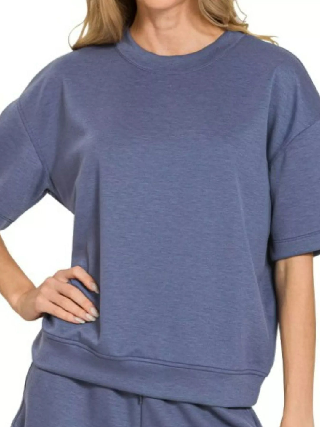 Blue Indigo Zenana Scuba Short Sleeve Top Shorts Set