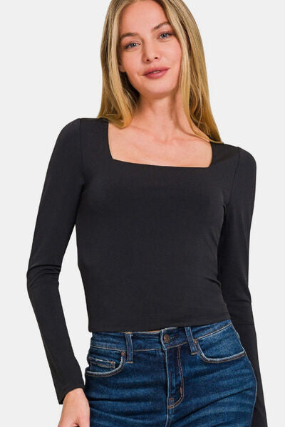 Black Zenana Square Neck Fitted Long Sleeve T Shirt
