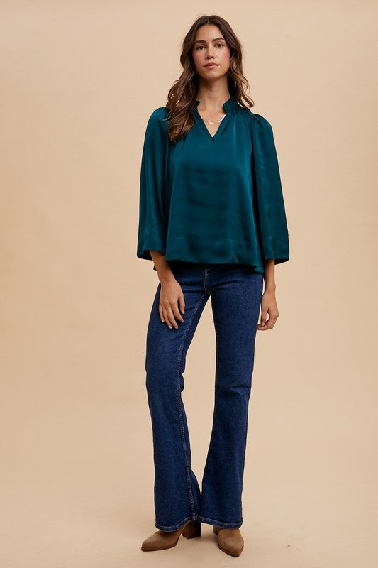 Annie Wear Satin Notched Three Quarter Sleeve Blouse