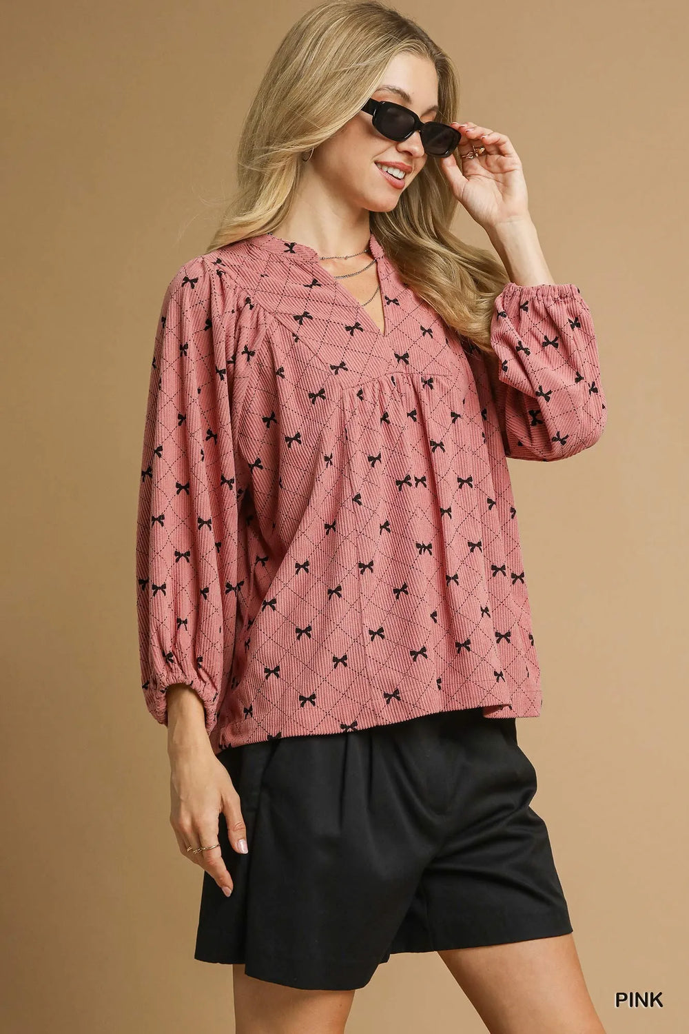 Pink Umgee Corduroy Bow Print Balloon Sleeve Blouse 1