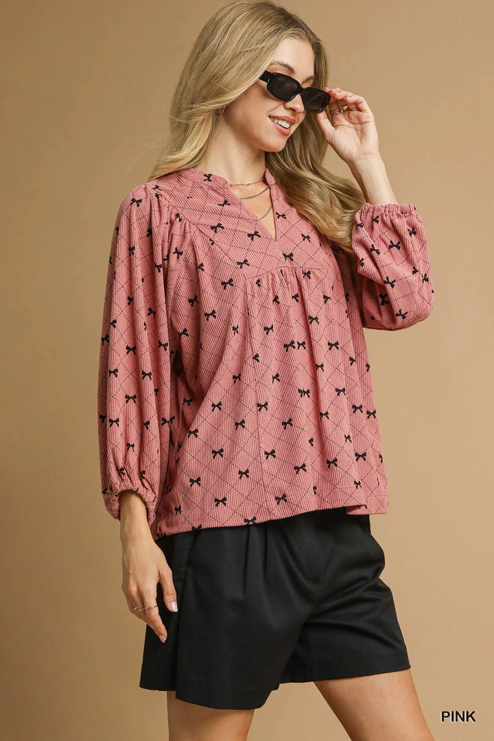 Pink Umgee Corduroy Bow Print Balloon Sleeve Blouse 1