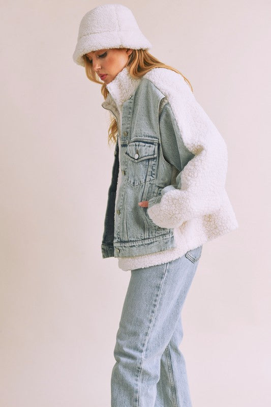 Aemi Co Denim Washed Drop Shoulder Sherpa Fake Two Pieces Jacket