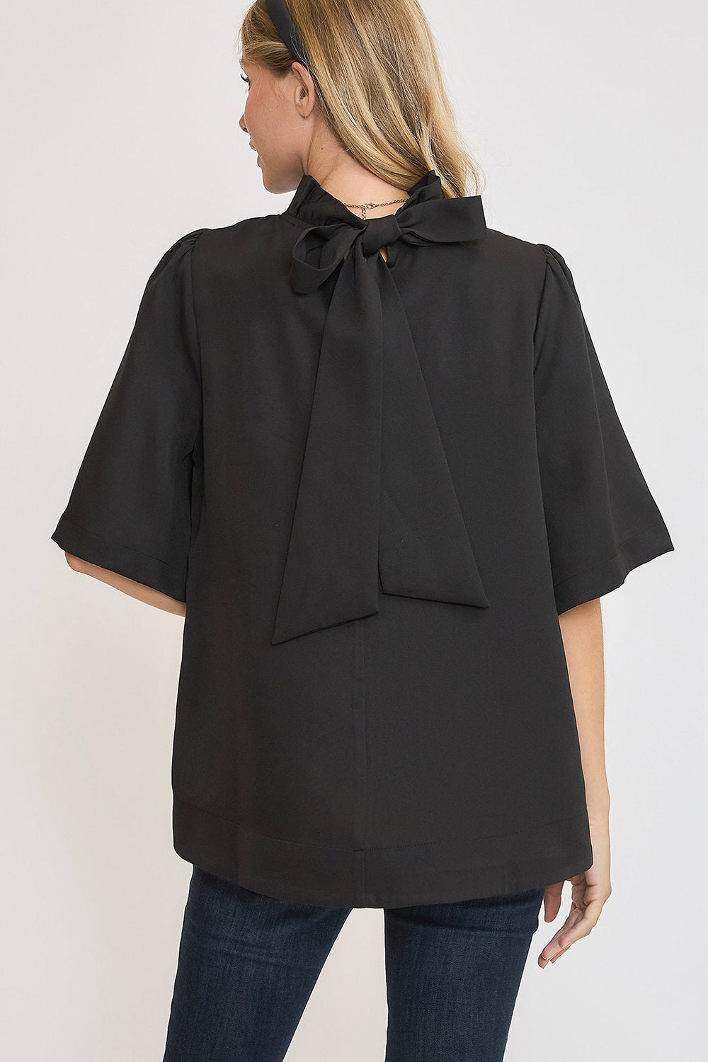 Black Umgee Bow Tie Back Mock Neck Half Sleeve Blouse