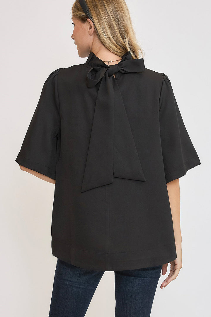 Black Umgee Bow Tie Back Mock Neck Half Sleeve Blouse