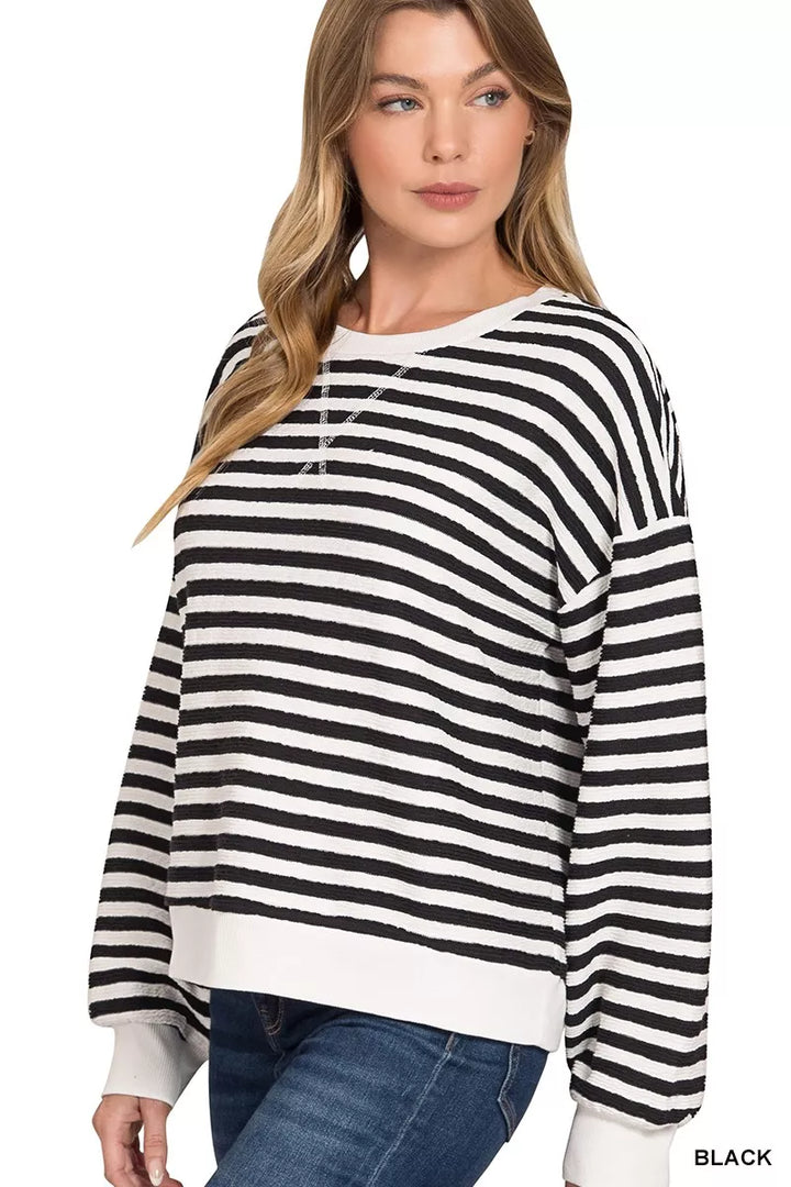 Black Zenana Striped Round Neck Sweatshirt