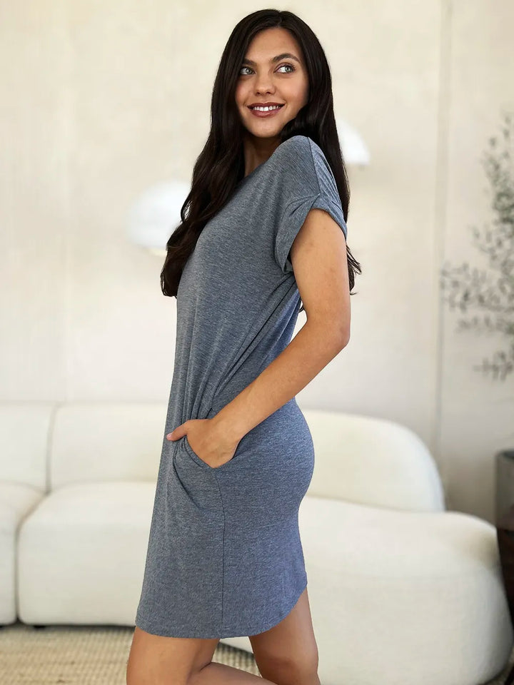 Gray Basic Bae Full Size Round Neck Short Sleeve Dress With Pockets