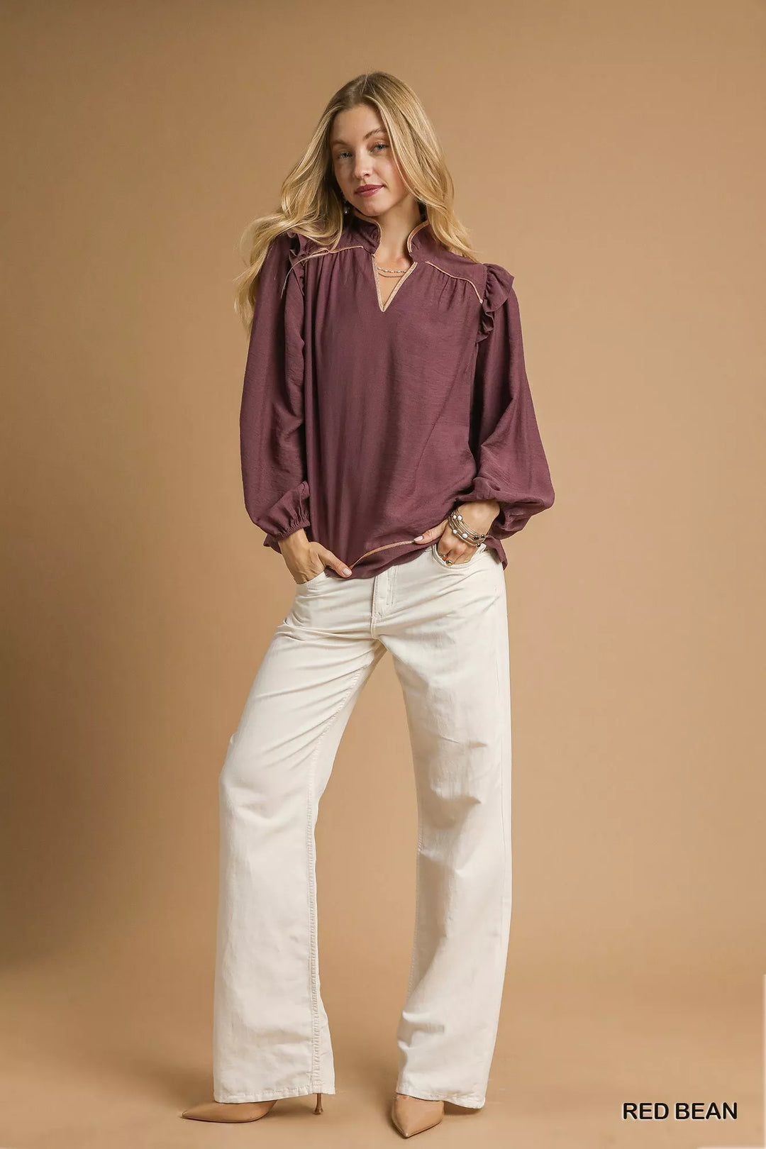 Umgee Ruffle Shoulder Long Sleeve Blouse