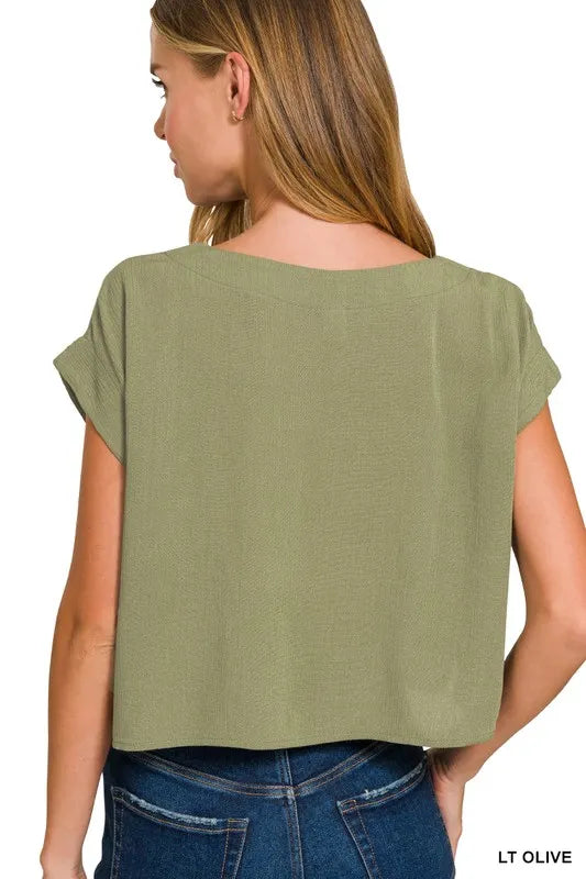 Lt Olive Zenana Woven Crinkle Gauze Crop Tee And Skirt Set 4