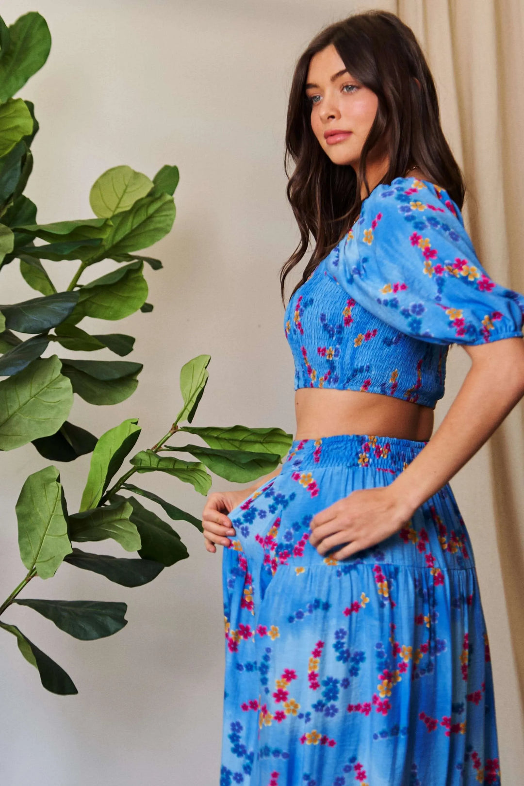 Ocean Blue Davi Dani Smocing Bodice Puff Short Sleeve Printed Crop Top