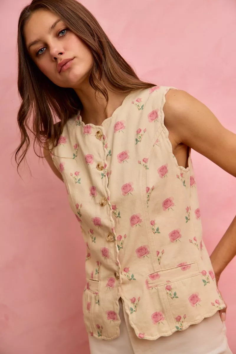 Ivory/Pink So Me Floral Rose Cotton Twill Scallop Button Vest Top