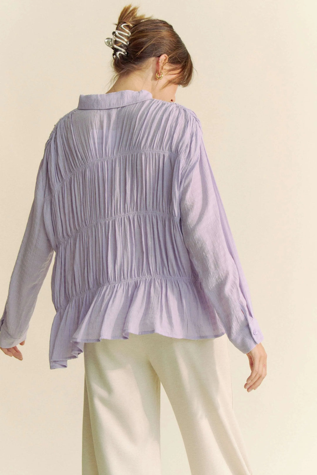Lilac Davi Dani Ruched All Over Button Front Shirt 1