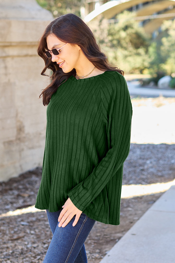 Dark Blue Basic Bae Full Size Ribbed Round Neck Long Sleeve Knit Top 1