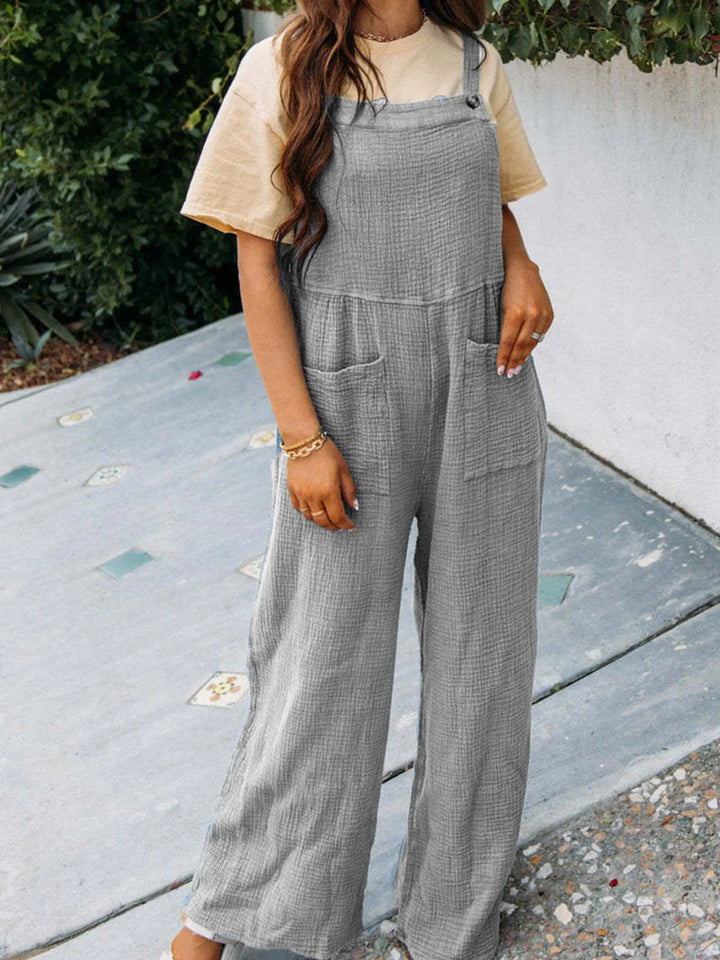 Khaki Full Size Casual Wide Leg Textured Overalls Plus Size