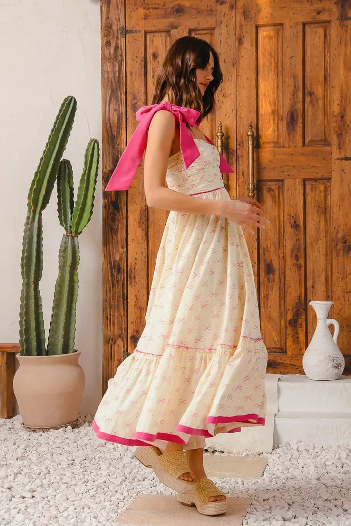 Cream/Pink So Me Ribbon Flowy Maxi Dress With Contrast Trim