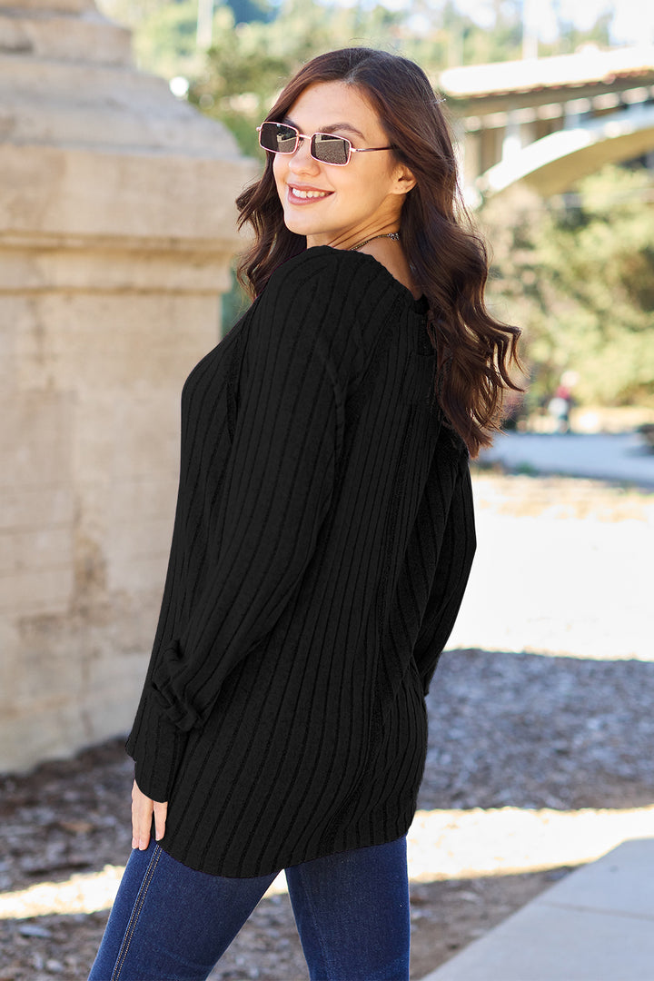 Light Green Basic Bae Full Size Ribbed Round Neck Long Sleeve Knit Top