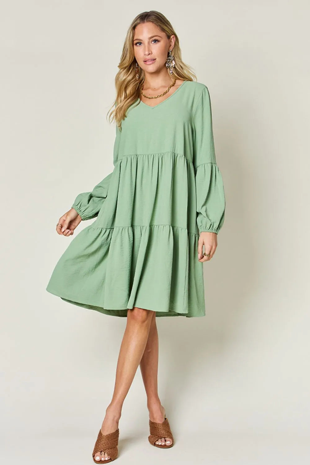 Light Green Double Take Full Size V Neck Balloon Sleeve Tiered Dress With Pockets