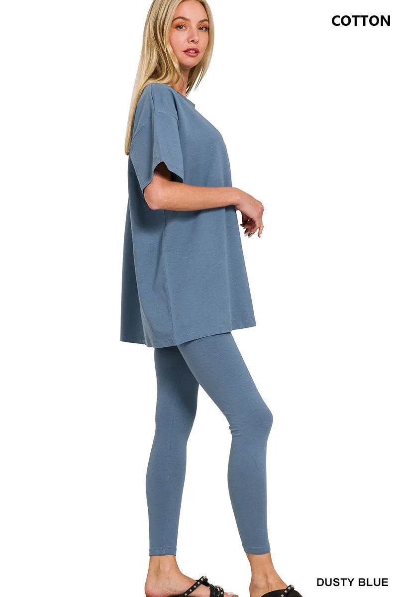 Dusty Blue Zenana Cotton Round Neck Top Legging Set 2