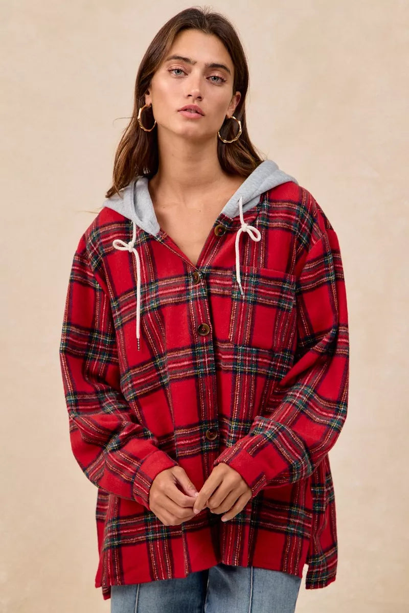 Red Plaid Bibi Brushed Plaid Hooded Jacket