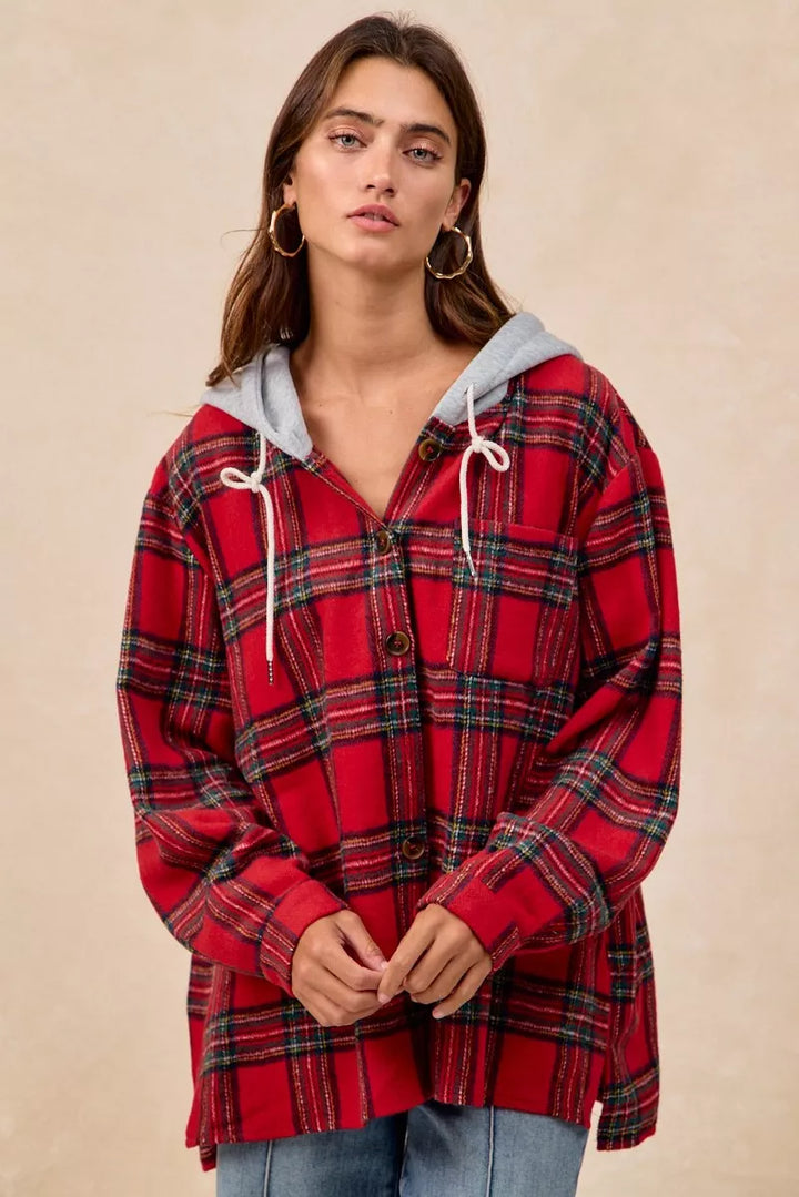 Red Plaid Bibi Brushed Plaid Hooded Jacket