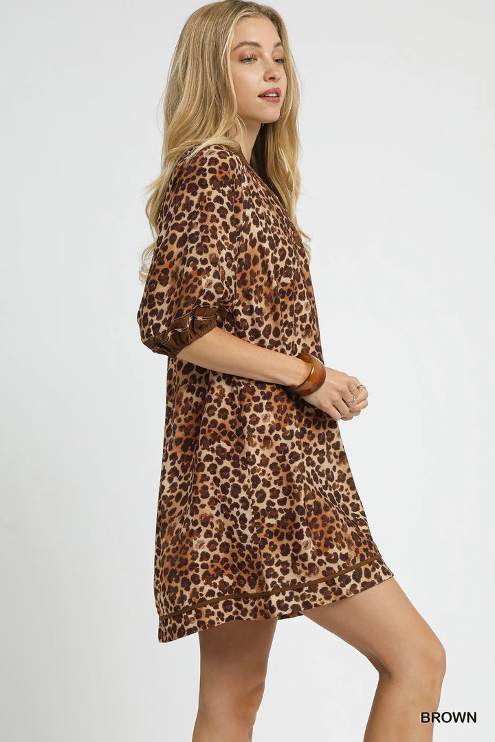 Brown Umgee Full Size Leopard Print Mini Dress With Contrast Trim Plus Size