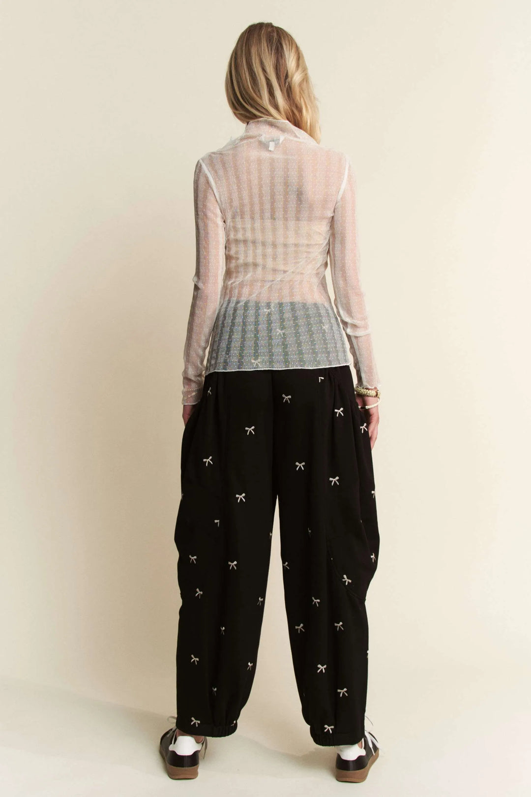 Davi Dani Turtle Neck Lace Dotted Stretch Mesh Sheer Top