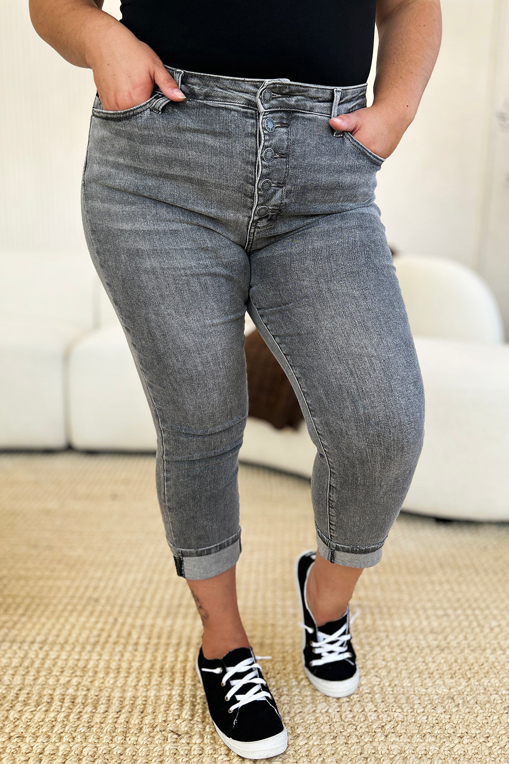 GRAY Judy Blue Full Size Button Fly High Waist Cuffed Capris