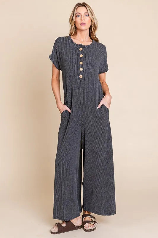 Charcoal Bombom Rib Knit Jumpsuit With Button Detail 2