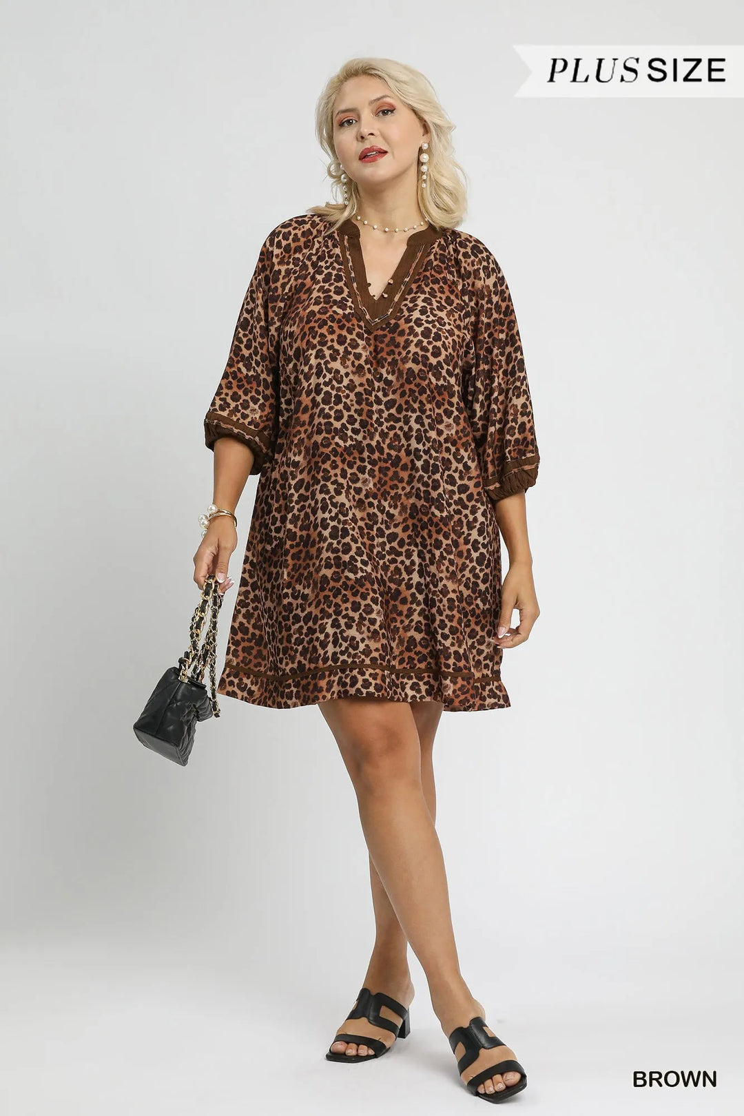Brown Umgee Full Size Leopard Print Mini Dress With Contrast Trim Plus Size