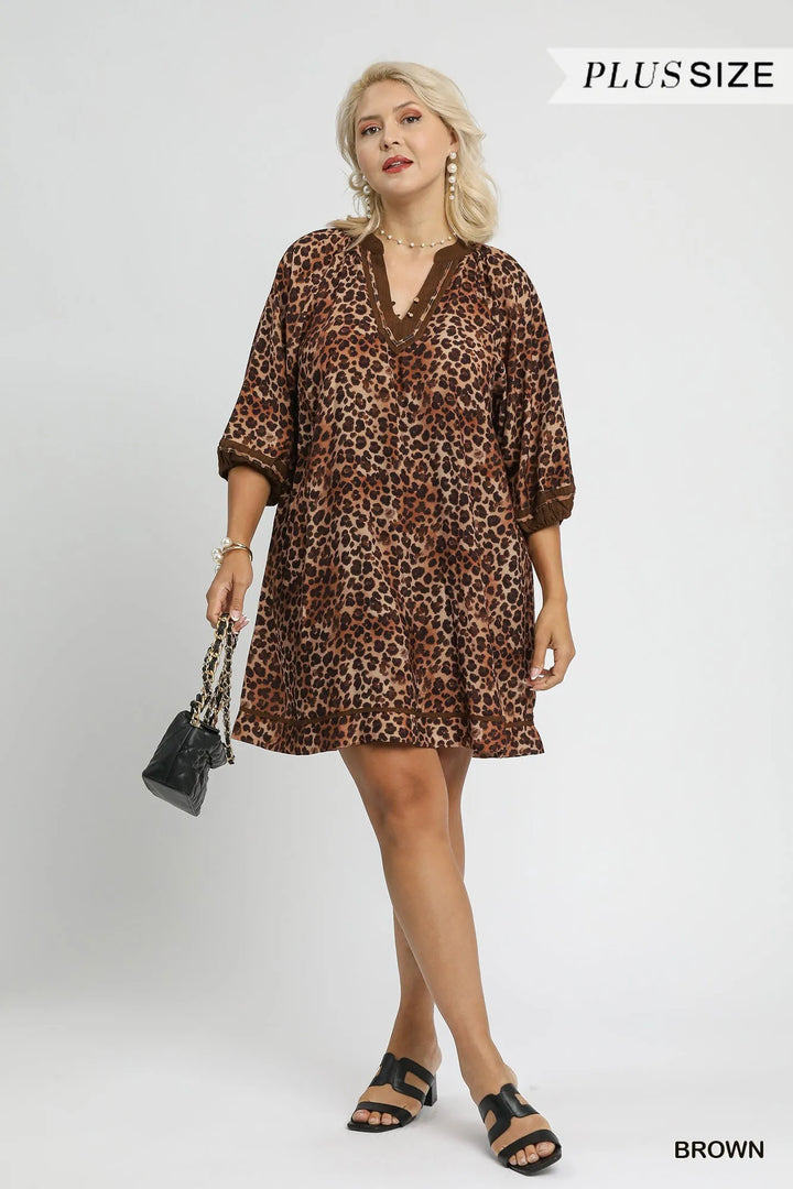 Brown Umgee Full Size Leopard Print Mini Dress With Contrast Trim Plus Size
