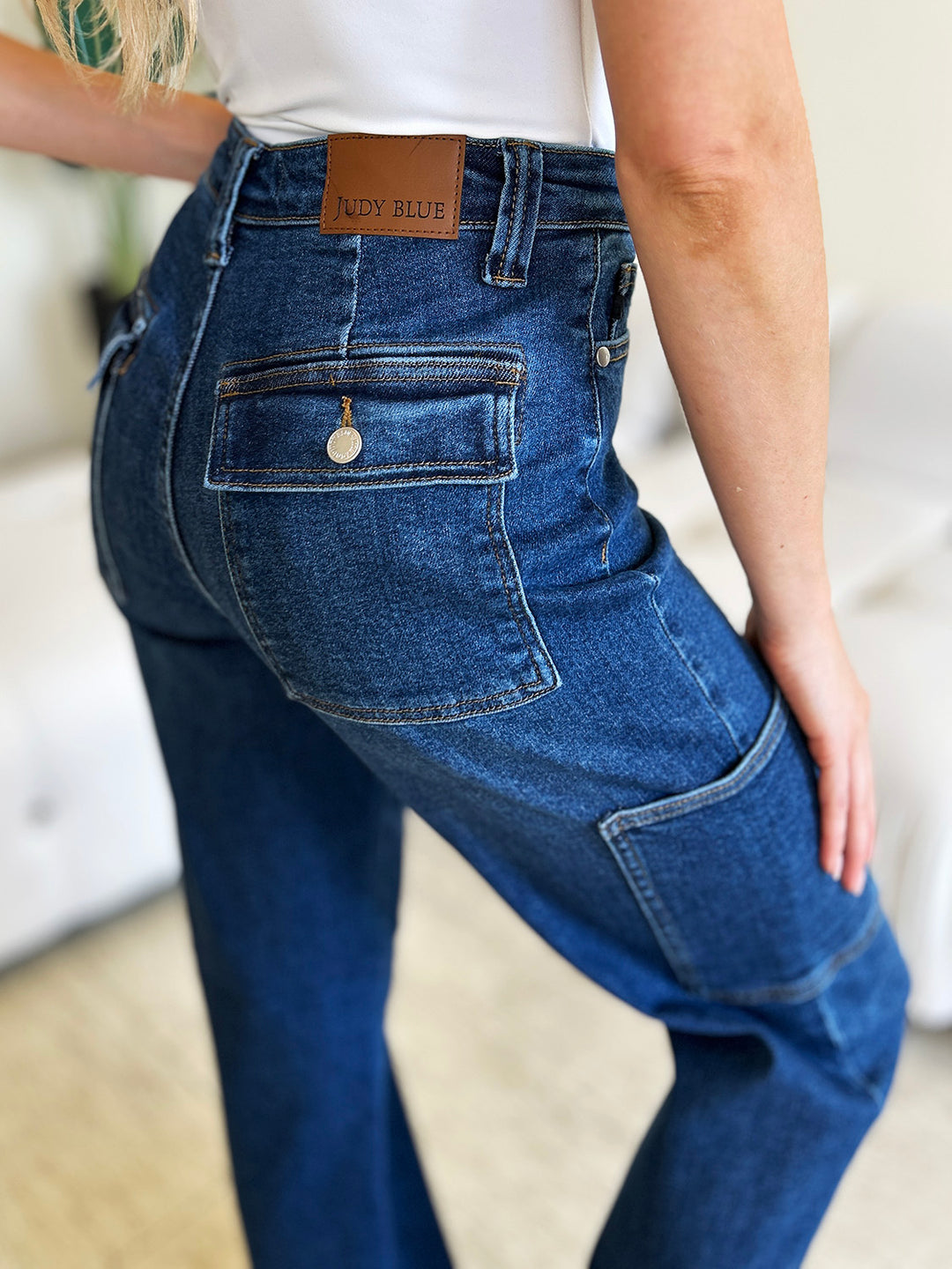 Dark Judy Blue Full Size High Waist Cargo Jeans