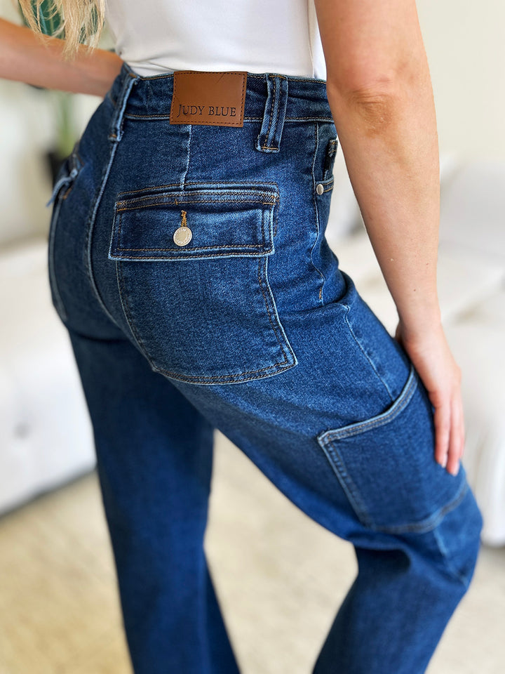 Dark Judy Blue Full Size High Waist Cargo Jeans