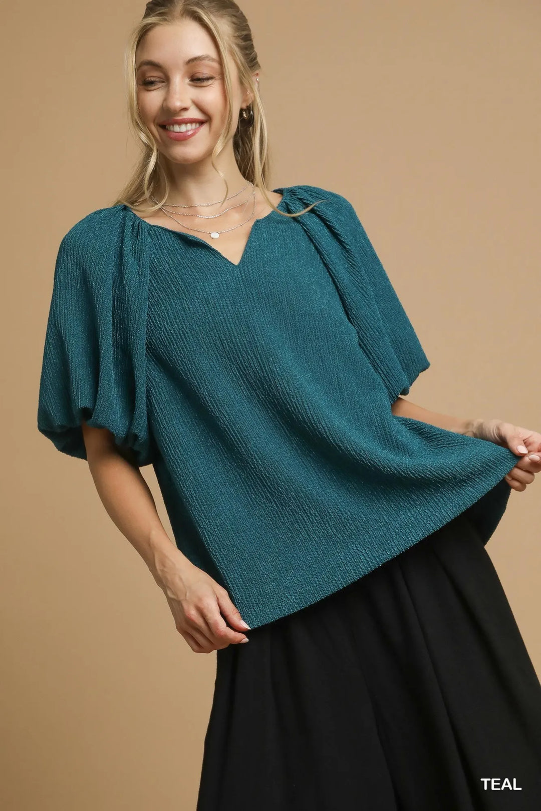 Teal Umgee Textured Flutter Sleeve Notch Neck Top 1