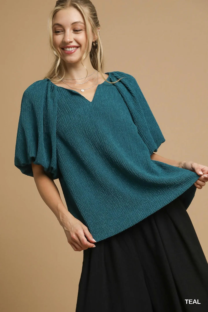 Teal Umgee Textured Flutter Sleeve Notch Neck Top 1
