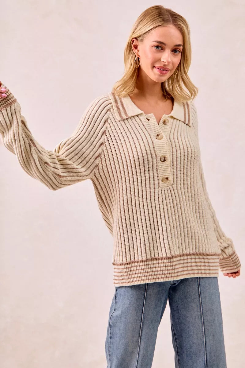 Bibi Half Button Ribbed Two Tone Sweater